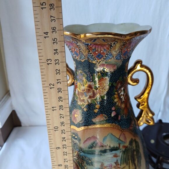 Satsuma Style Large Asian Morriage Porcelain Gold Handle W/ Stand 18" - Picture 10 of 13